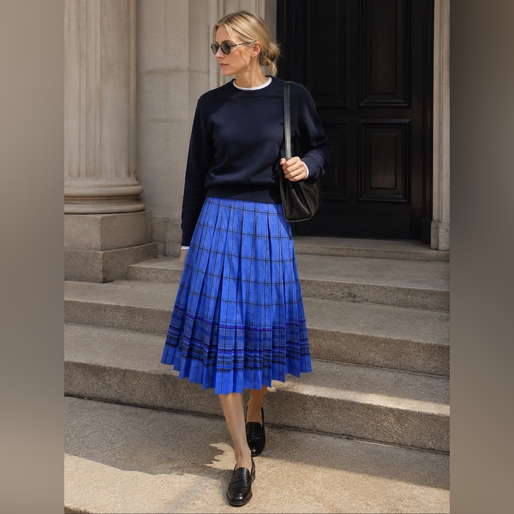 Vintage Pendleton Blue Plaid Wool Pleated Midi Skirt Old Money Preppy Petite 6
